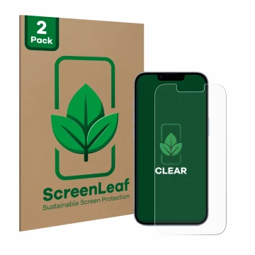 Parte frontal de un envase de producto con el logotipo de la marca ScreenLeaf. Al lado se muestra el dispositivo Apple iPhone 