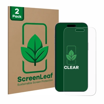 Parte frontal de un envase de producto con el logotipo de la marca ScreenLeaf. Al lado se muestra el dispositivo Apple iPhone 
