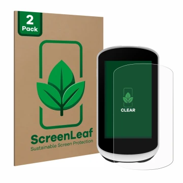 Parte frontal de un envase de producto con el logotipo de la marca ScreenLeaf. Al lado se muestra el dispositivo Garmin Edge E