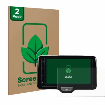 Parte frontal de un envase de producto con el logotipo de la marca ScreenLeaf. Al lado se muestra el dispositivo Toyota Yaris 