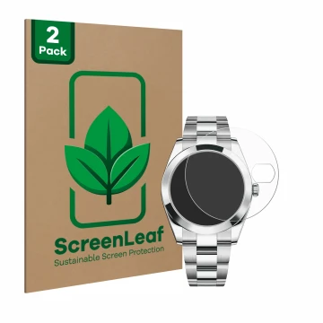 Parte frontal de un envase de producto con el logotipo de la marca ScreenLeaf. Al lado se muestra el dispositivo Rolex Datejus