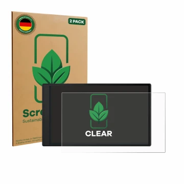 Parte frontal de un envase de producto con el logotipo de la marca ScreenLeaf. Al lado se muestra el dispositivo Garmin DriveS