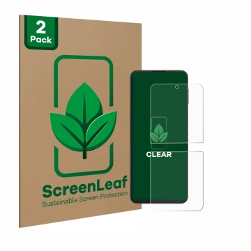 Parte frontal de un envase de producto con el logotipo de la marca ScreenLeaf. Al lado se muestra el dispositivo Samsung Galax