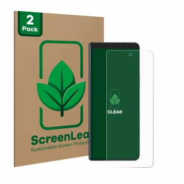 Parte frontal de un envase de producto con el logotipo de la marca ScreenLeaf. Al lado se muestra el dispositivo Samsung Galax