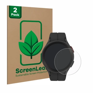 Parte frontal de un envase de producto con el logotipo de la marca ScreenLeaf. Al lado se muestra el dispositivo Samsung Galax
