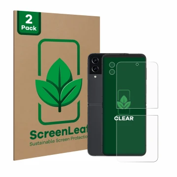 Parte frontal de un envase de producto con el logotipo de la marca ScreenLeaf. Al lado se muestra el dispositivo Samsung Galax