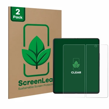 Parte frontal de un envase de producto con el logotipo de la marca ScreenLeaf. Al lado se muestra el dispositivo Samsung Galax
