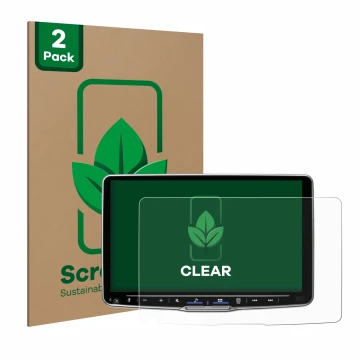 Parte frontal de un envase de producto con el logotipo de la marca ScreenLeaf. Al lado se muestra el dispositivo Alpine iLX-F9