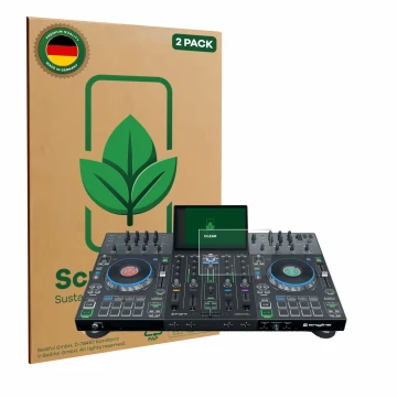 Parte frontal de un envase de producto con el logotipo de la marca ScreenLeaf. Al lado se muestra el dispositivo Denon DJ Prim