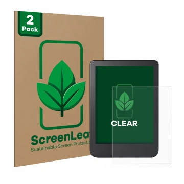 Parte frontal de un envase de producto con el logotipo de la marca ScreenLeaf. Al lado se muestra el dispositivo Kobo Clara 2E