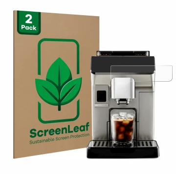 Parte frontal de un envase de producto con el logotipo de la marca ScreenLeaf. Al lado se muestra el dispositivo DeLonghi Elet