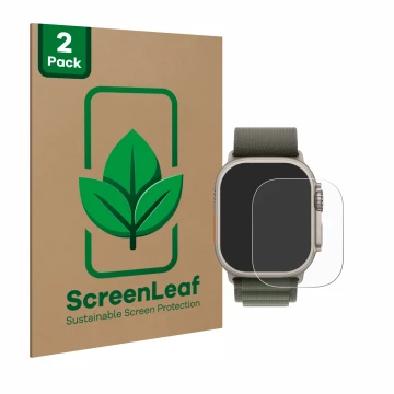Parte frontal de un envase de producto con el logotipo de la marca ScreenLeaf. Al lado se muestra el dispositivo Apple Watch U
