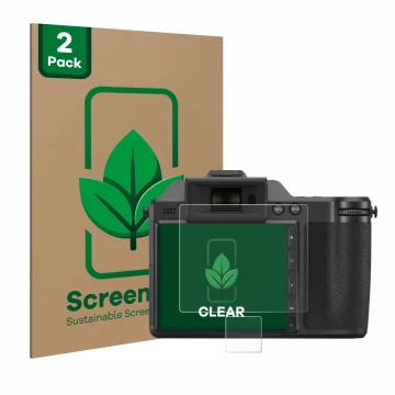 Parte frontal de un envase de producto con el logotipo de la marca ScreenLeaf. Al lado se muestra el dispositivo Hasselblad X2