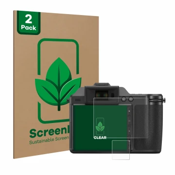 Parte frontal de un envase de producto con el logotipo de la marca ScreenLeaf. Al lado se muestra el dispositivo Fujifilm X-H2