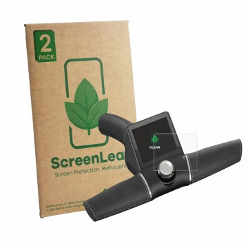 Parte frontal de un envase de producto con el logotipo de la marca ScreenLeaf. Al lado se muestra el dispositivo Motocaddy M3 