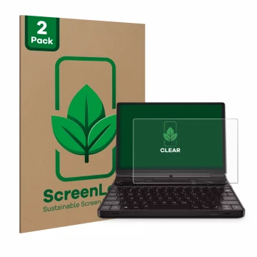 Parte frontal de un envase de producto con el logotipo de la marca ScreenLeaf. Al lado se muestra el dispositivo GPD Win Max 2