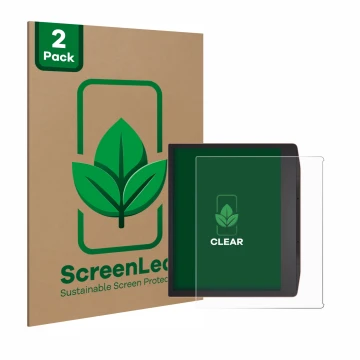 Parte frontal de un envase de producto con el logotipo de la marca ScreenLeaf. Al lado se muestra el dispositivo PocketBook Er