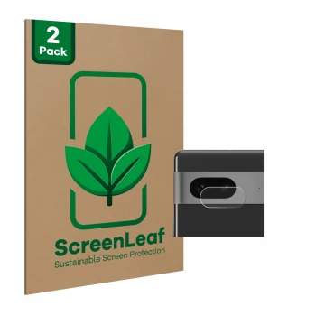 Parte frontal de un envase de producto con el logotipo de la marca ScreenLeaf. Al lado se muestra el dispositivo Google Pixel 
