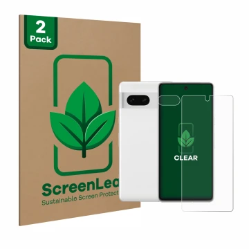 Parte frontal de un envase de producto con el logotipo de la marca ScreenLeaf. Al lado se muestra el dispositivo Google Pixel 
