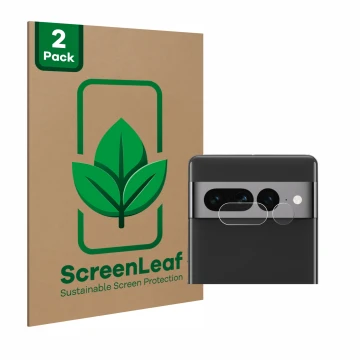 Parte frontal de un envase de producto con el logotipo de la marca ScreenLeaf. Al lado se muestra el dispositivo Google Pixel 