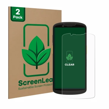 Parte frontal de un envase de producto con el logotipo de la marca ScreenLeaf. Al lado se muestra el dispositivo Zebra TC58 co