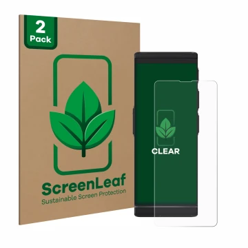 Parte frontal de un envase de producto con el logotipo de la marca ScreenLeaf. Al lado se muestra el dispositivo Vasco Transla