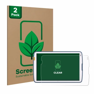 Parte frontal de un envase de producto con el logotipo de la marca ScreenLeaf. Al lado se muestra el dispositivo Zebra ET45 10
