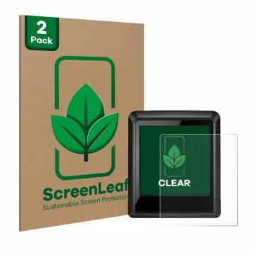Parte frontal de un envase de producto con el logotipo de la marca ScreenLeaf. Al lado se muestra el dispositivo Bosch Intuvia