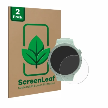 Parte frontal de un envase de producto con el logotipo de la marca ScreenLeaf. Al lado se muestra el dispositivo Swatch Big Bo