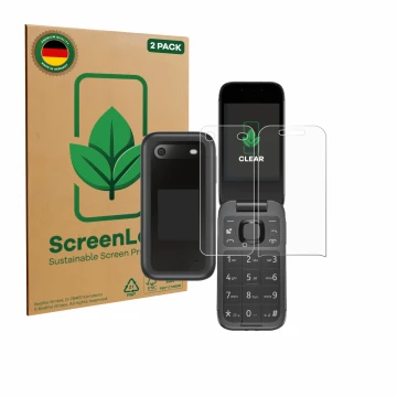 Parte frontal de un envase de producto con el logotipo de la marca ScreenLeaf. Al lado se muestra el dispositivo Nokia 2660 Fl