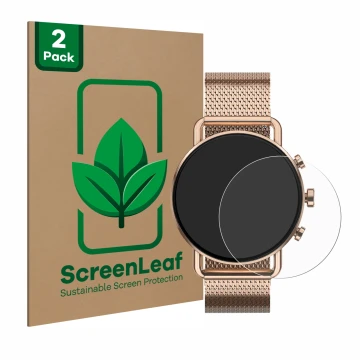 Parte frontal de un envase de producto con el logotipo de la marca ScreenLeaf. Al lado se muestra el dispositivo Skagen Falste