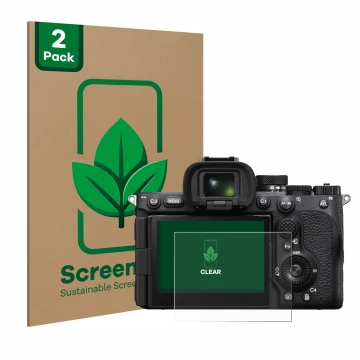 Parte frontal de un envase de producto con el logotipo de la marca ScreenLeaf. Al lado se muestra el dispositivo Sony Alpha 7R