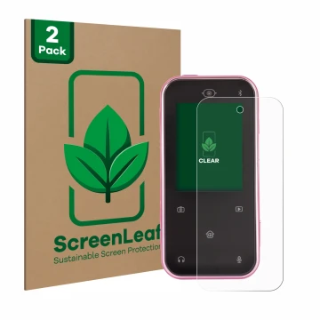 Parte frontal de un envase de producto con el logotipo de la marca ScreenLeaf. Al lado se muestra el dispositivo Vtech Kidizoo