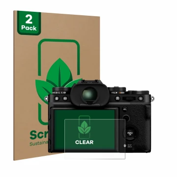 Parte frontal de un envase de producto con el logotipo de la marca ScreenLeaf. Al lado se muestra el dispositivo Fujifilm X-T5