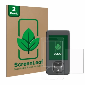 Parte frontal de un envase de producto con el logotipo de la marca ScreenLeaf. Al lado se muestra el dispositivo Dexcom G7 CGM