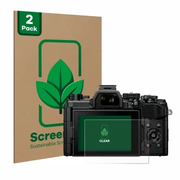 Parte frontal de un envase de producto con el logotipo de la marca ScreenLeaf. Al lado se muestra el dispositivo Olympus OM Sy