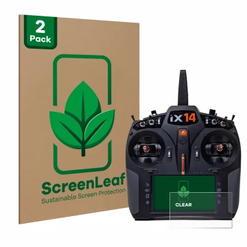 Parte frontal de un envase de producto con el logotipo de la marca ScreenLeaf. Al lado se muestra el dispositivo Spektrum iX14