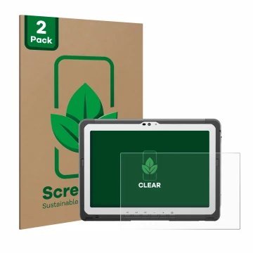 Parte frontal de un envase de producto con el logotipo de la marca ScreenLeaf. Al lado se muestra el dispositivo Panasonic Tou