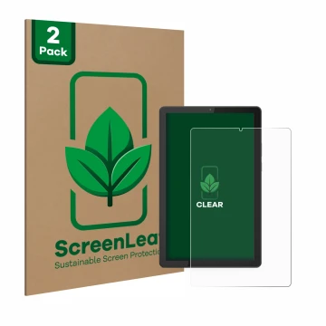 Parte frontal de un envase de producto con el logotipo de la marca ScreenLeaf. Al lado se muestra el dispositivo Lenovo Tab M9
