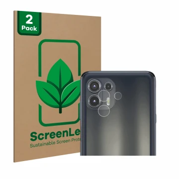 Parte frontal de un envase de producto con el logotipo de la marca ScreenLeaf. Al lado se muestra el dispositivo Motorola Edge