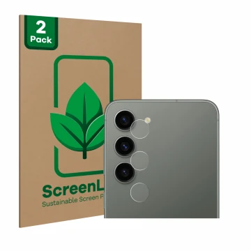 Parte frontal de un envase de producto con el logotipo de la marca ScreenLeaf. Al lado se muestra el dispositivo Samsung Galax