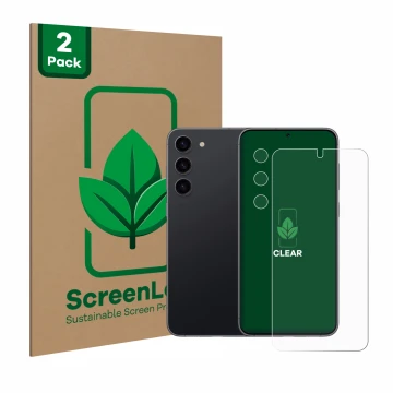 Parte frontal de un envase de producto con el logotipo de la marca ScreenLeaf. Al lado se muestra el dispositivo Samsung Galax