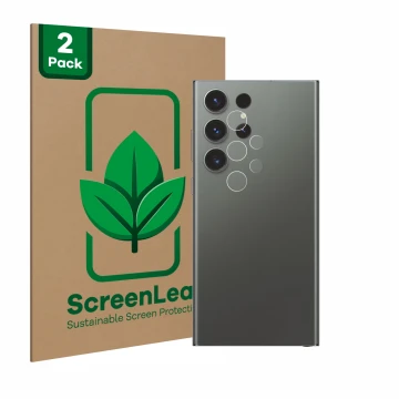 Parte frontal de un envase de producto con el logotipo de la marca ScreenLeaf. Al lado se muestra el dispositivo Samsung Galax