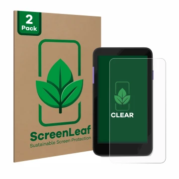 Parte frontal de un envase de producto con el logotipo de la marca ScreenLeaf. Al lado se muestra el dispositivo Zettle Termin