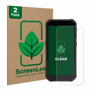 Parte frontal de un envase de producto con el logotipo de la marca ScreenLeaf. Al lado se muestra el dispositivo SkyCaddie SX5