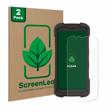 Parte frontal de un envase de producto con el logotipo de la marca ScreenLeaf. Al lado se muestra el dispositivo Zebra TC73 co