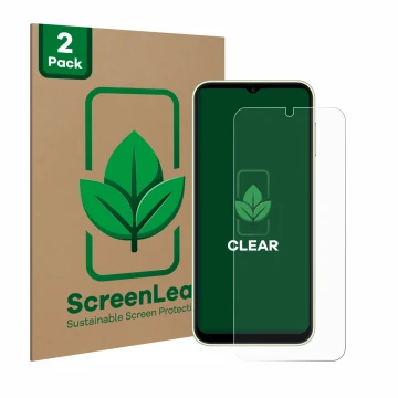 Parte frontal de un envase de producto con el logotipo de la marca ScreenLeaf. Al lado se muestra el dispositivo Samsung Galax