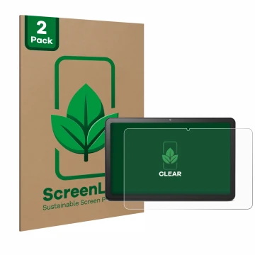 Parte frontal de un envase de producto con el logotipo de la marca ScreenLeaf. Al lado se muestra el dispositivo Doro Tablet 1
