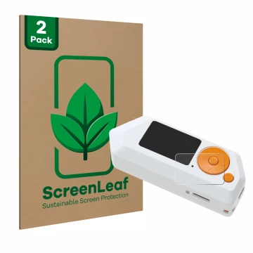 Parte frontal de un envase de producto con el logotipo de la marca ScreenLeaf. Al lado se muestra el dispositivo Flipper Zero 