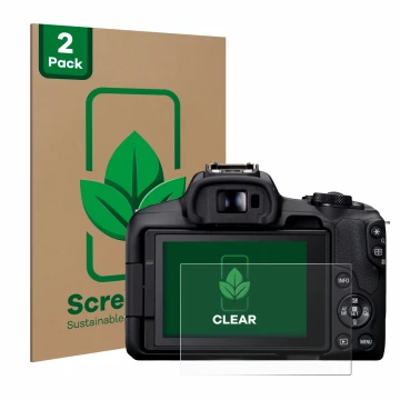 Parte frontal de un envase de producto con el logotipo de la marca ScreenLeaf. Al lado se muestra el dispositivo Canon EOS R50